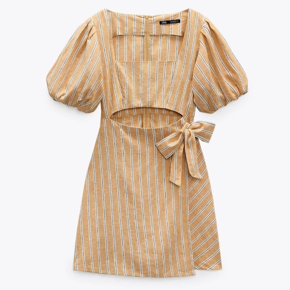 Zara Sunkissed Linen Cutout Mini Coastal Cowgirl Cottagecore Mustard Yellow M - Picture 3 of 15